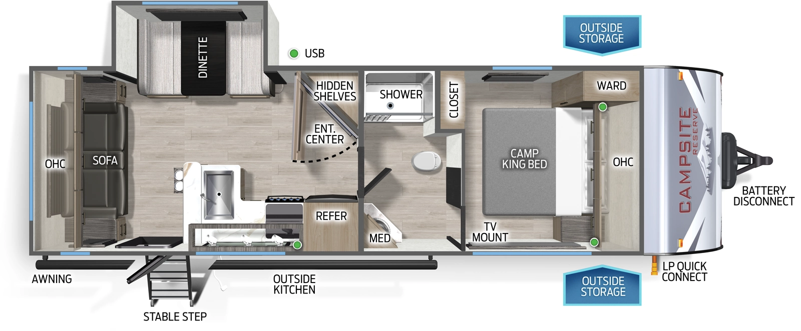 The Campsite Reserve 23CY floorplan has one entry and one slide out. Exterior features include: metal exterior and outside kitchen. Interiors features include: front bedroom, rear living and pass through bathroom.